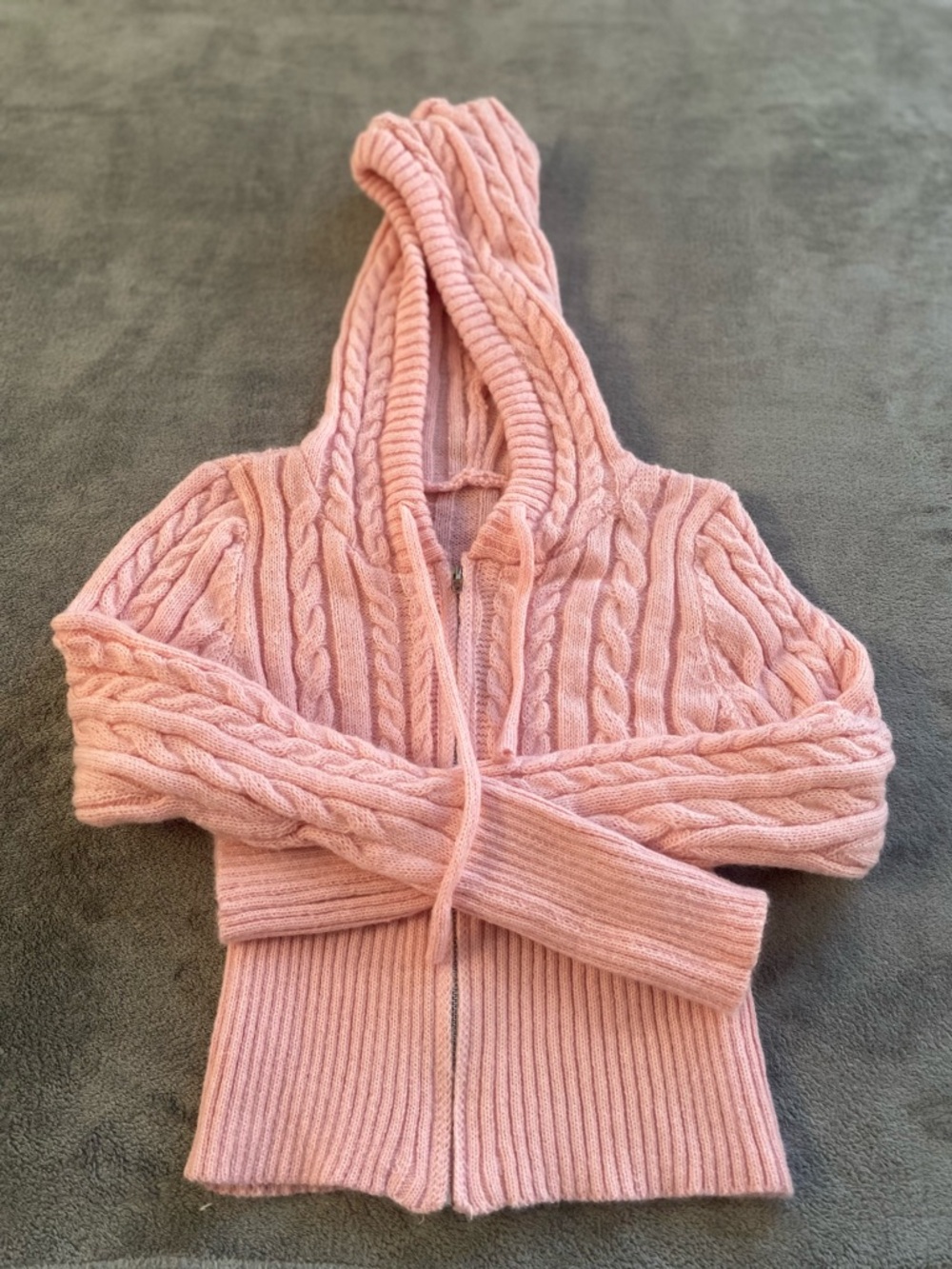 Pink Cable Knit Cropped Zip Hoodie Cardigan Small - Picture 3 of 14